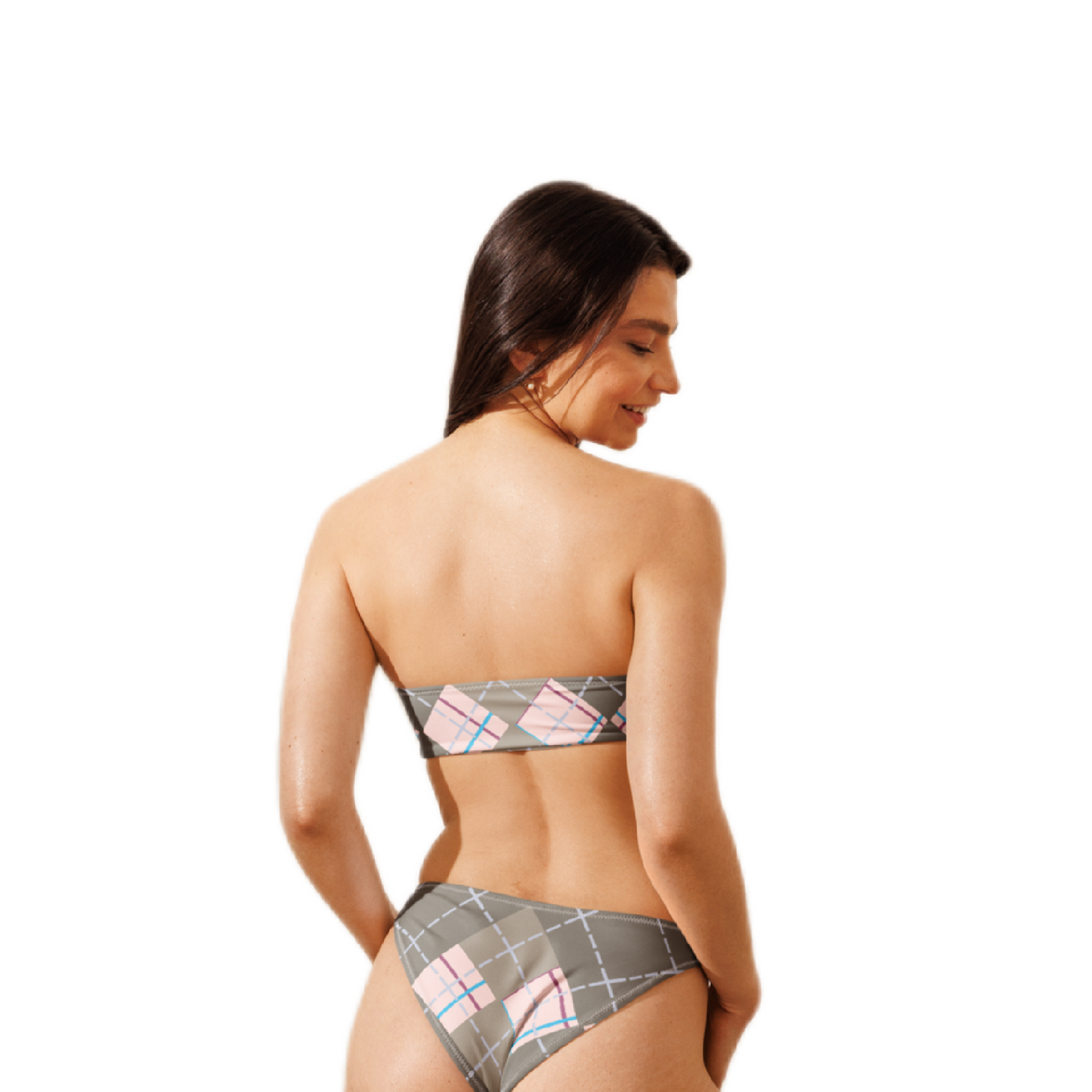 front view of model wearing beige argyle bikini bandeau-style