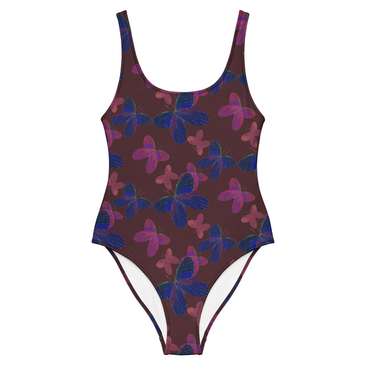 one piece swimsuit with butterflies on burgundy