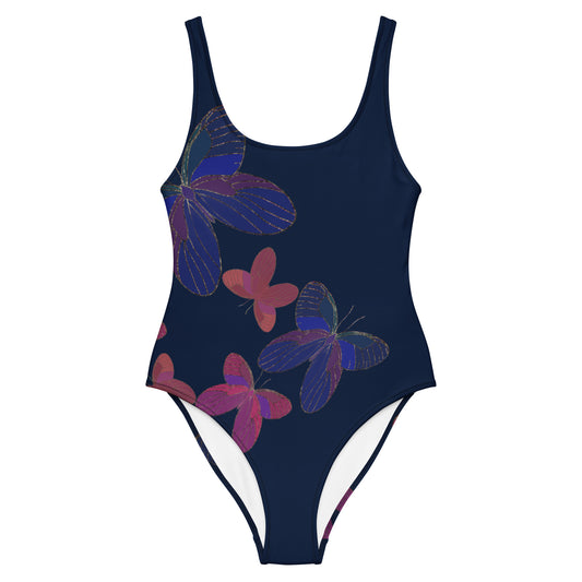 one piece swimsuit with butterflies on navy