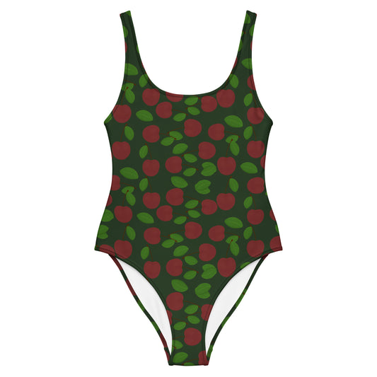 one piece swimsuit cherries on forest green