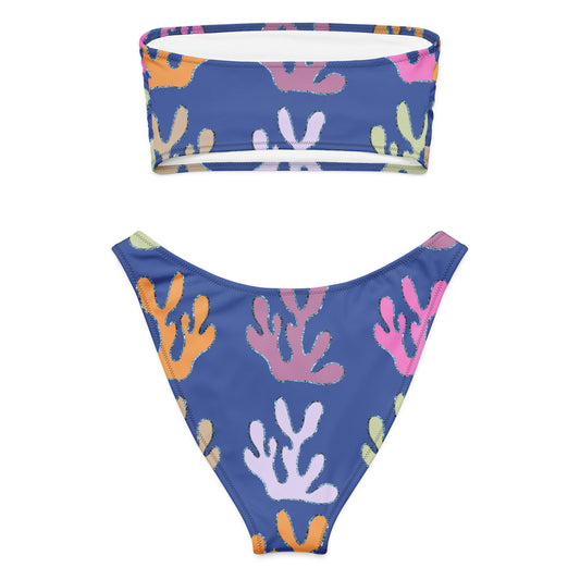 bandeau bikini with coral on blue