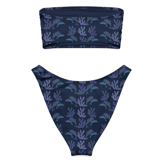 coral reef dolphins bandeau bikini on navy