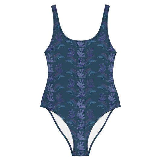 coral reef dolphins one piece swimsuit in ocean