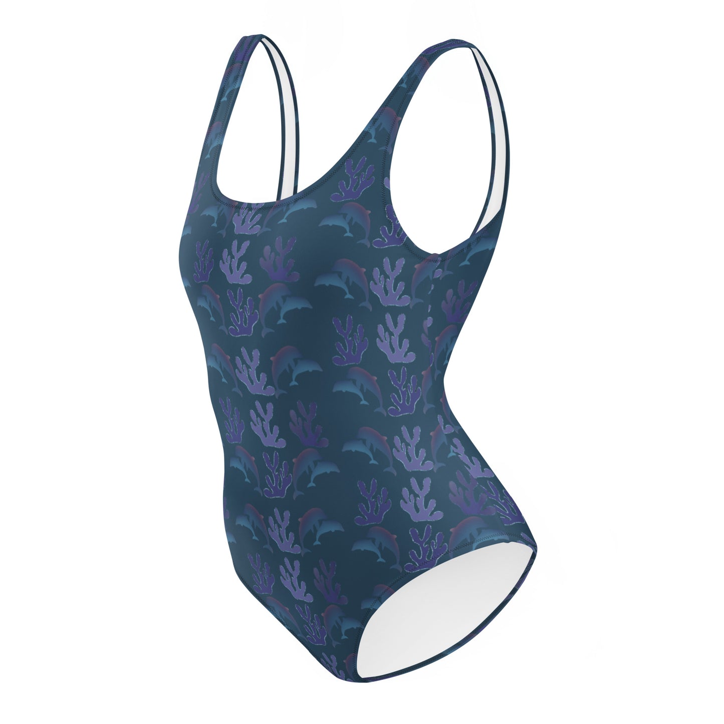 coral reef dolphins one piece swimsuit in ocean