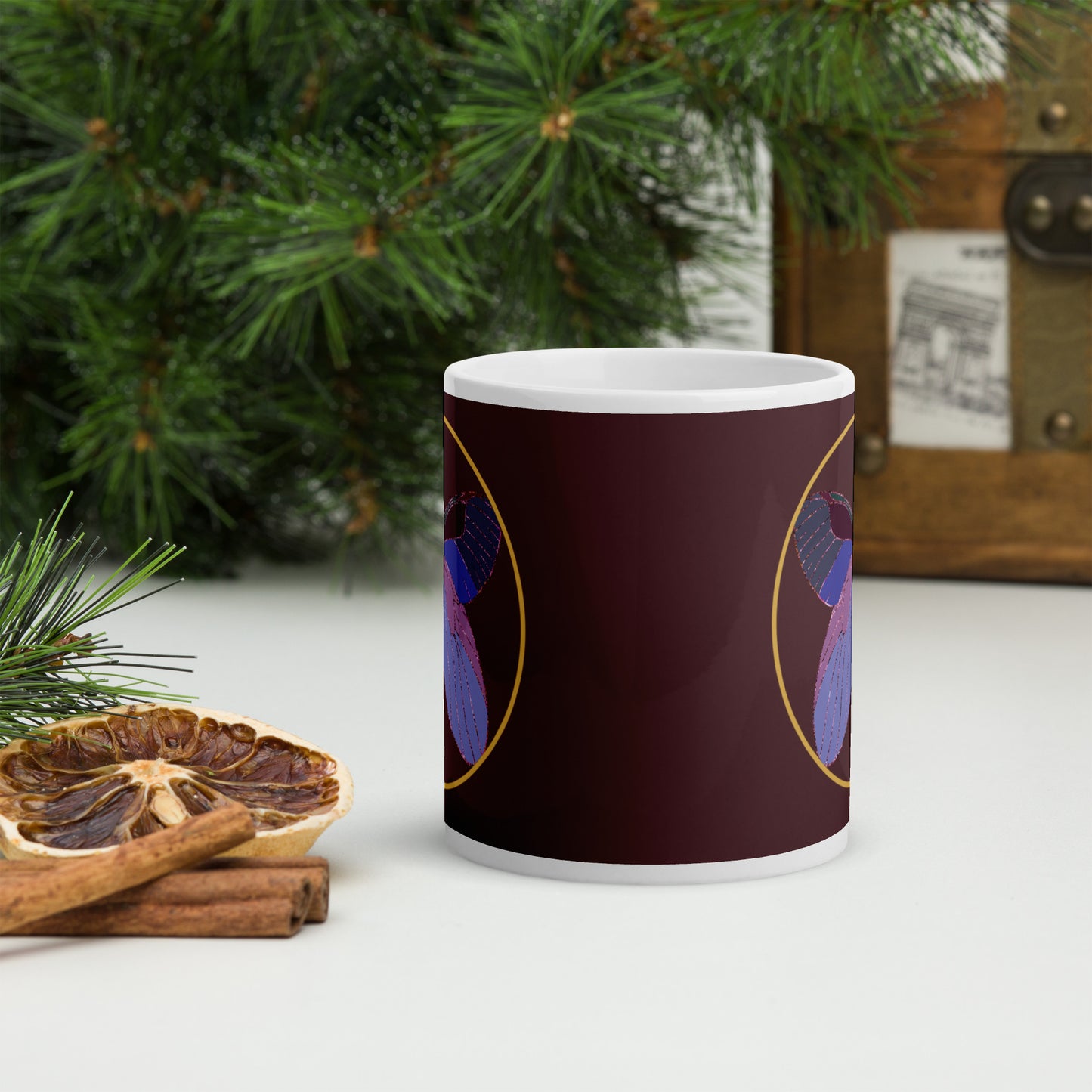 White ceramic mug with an enchanted butterfly with a gold ring on dark background