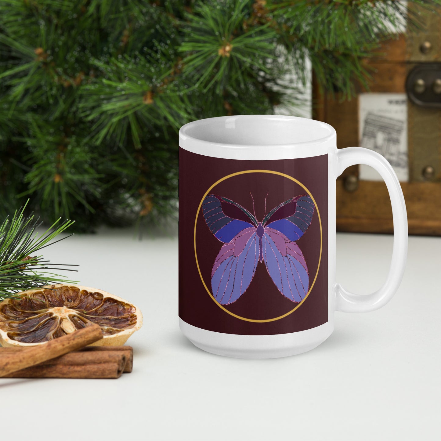 White ceramic mug with an enchanted butterfly with a gold ring on dark background