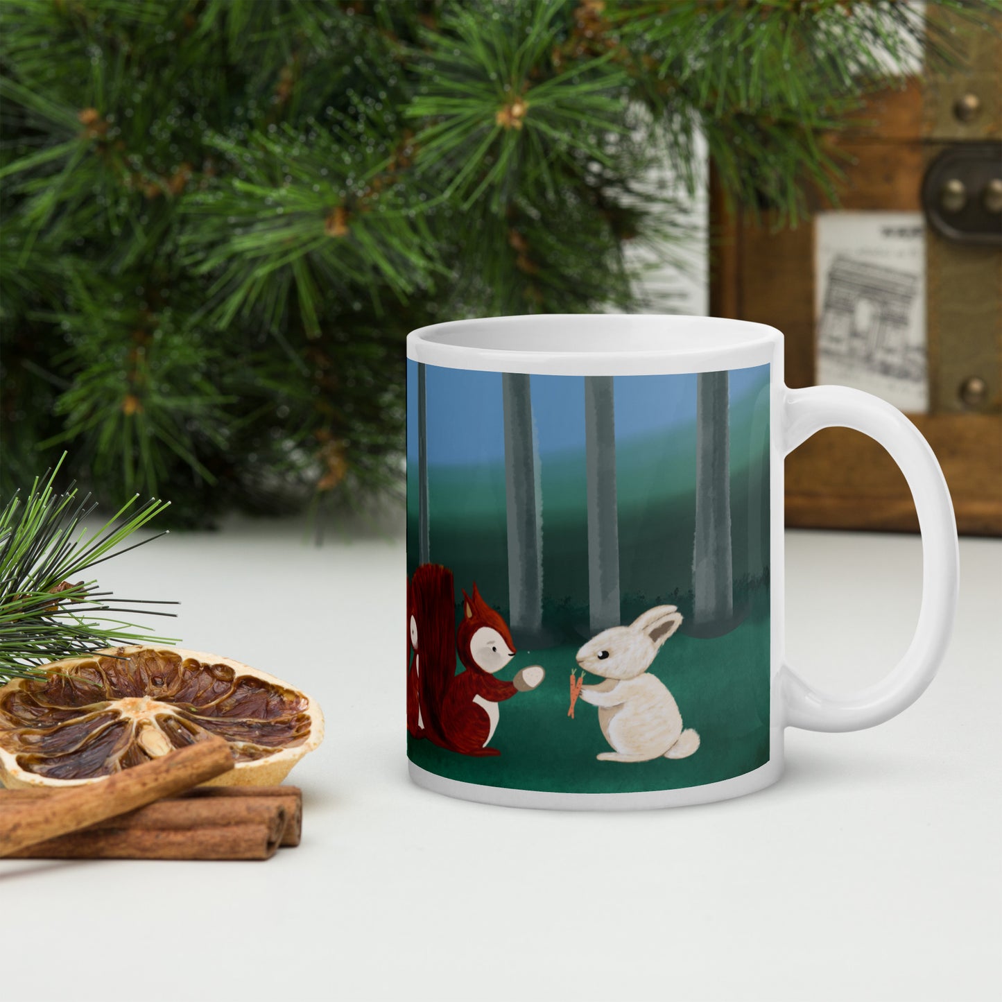 Forest Animals Adventure 1 Ceramic Mug featuring a forest scene with a rabbit and colourful Easter eggs