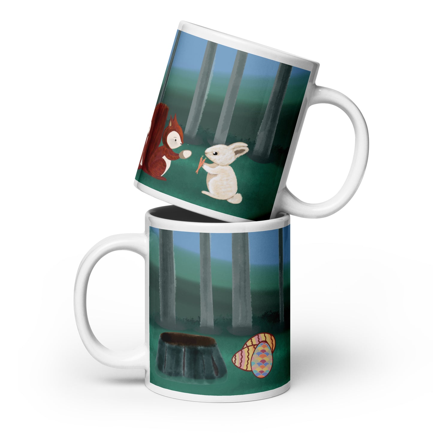 Forest Animals Adventure 2 Ceramic Mug featuring a forest scene with a rabbit and colourful Easter eggs