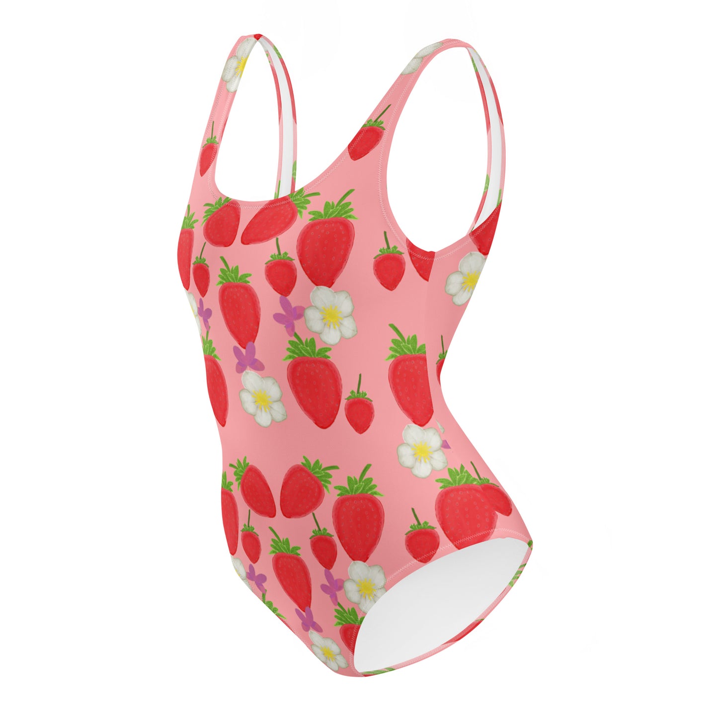 strawberry field one piece swimsuit on pink, side