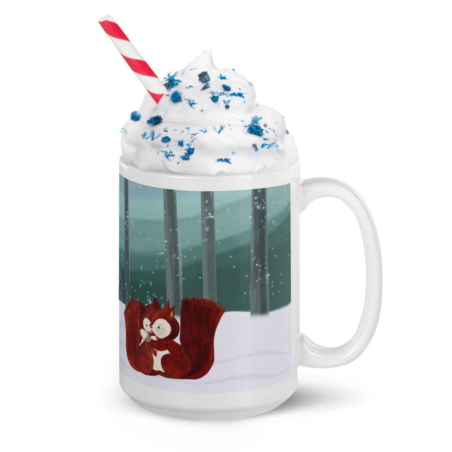 Winters Tale Forest Animals 2 Ceramic Mug perfect Christmas or Thanksgiving gift featuring a squirrel in a snowy forest design