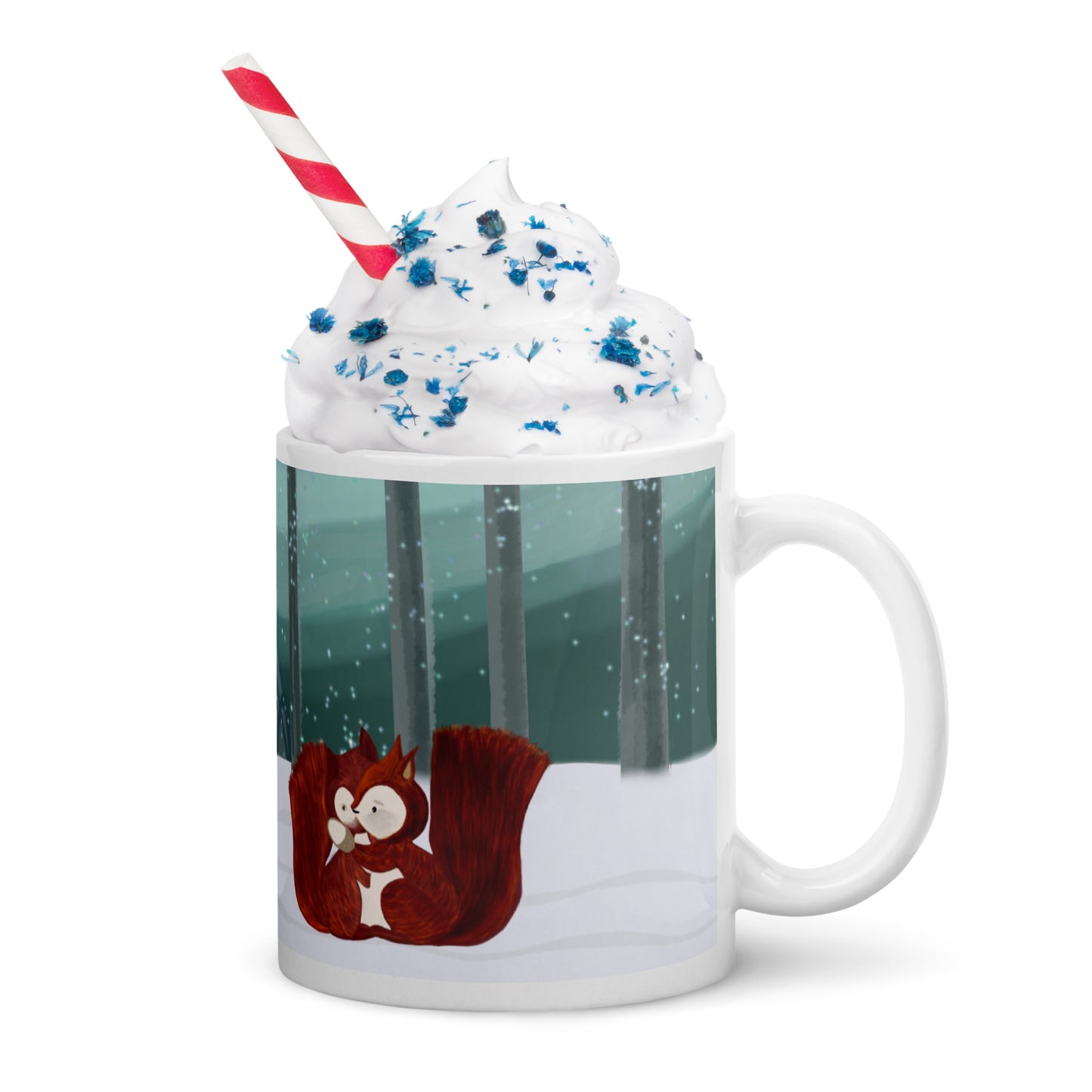 Winters Tale Forest Animals 2 Ceramic Mug perfect Christmas or Thanksgiving gift featuring a squirrel in a snowy forest design