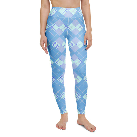 front view of model wearing blue argyle yoga leggings