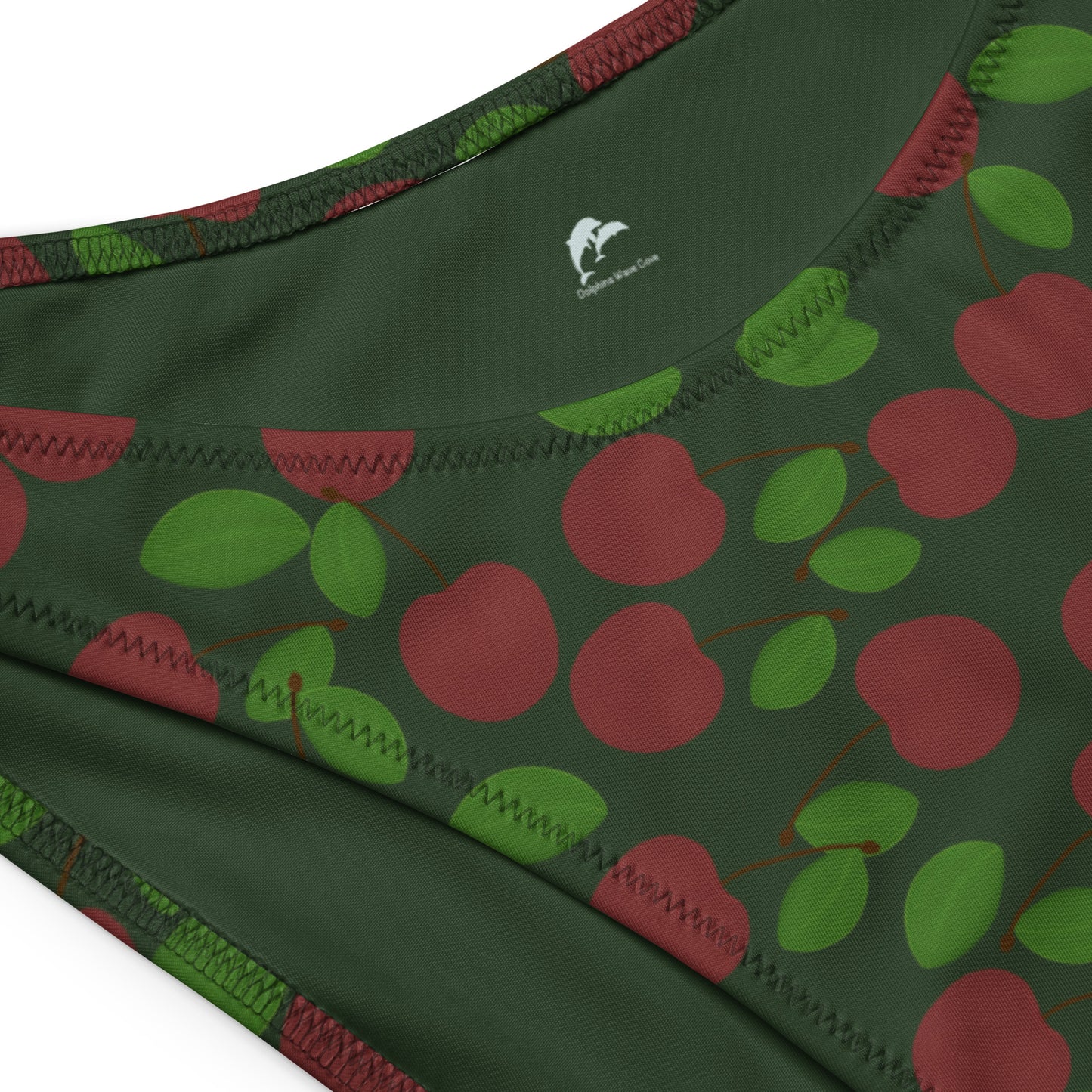 bandeau bikini with cherries on forest green