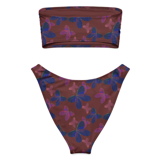 bandeau bikini with butterflies on burgundy