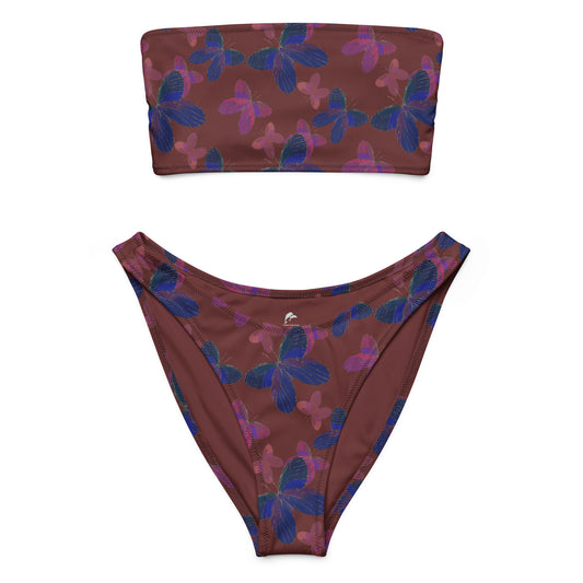 bandeau bikini with butterflies on burgundy