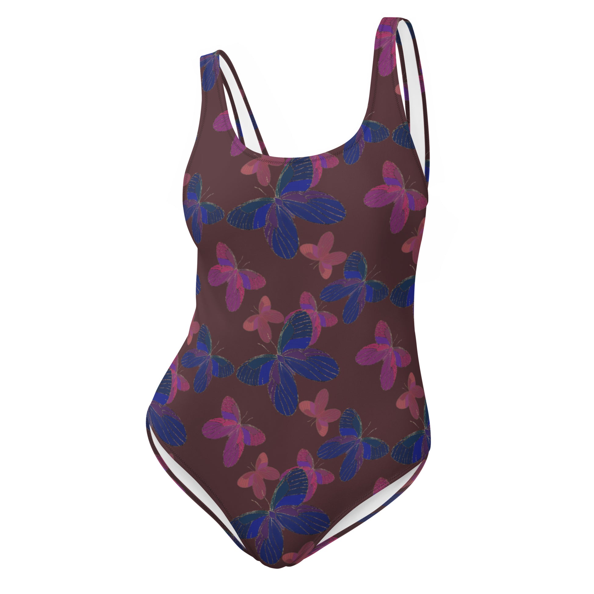 one piece swimsuit with butterflies on burgundy
