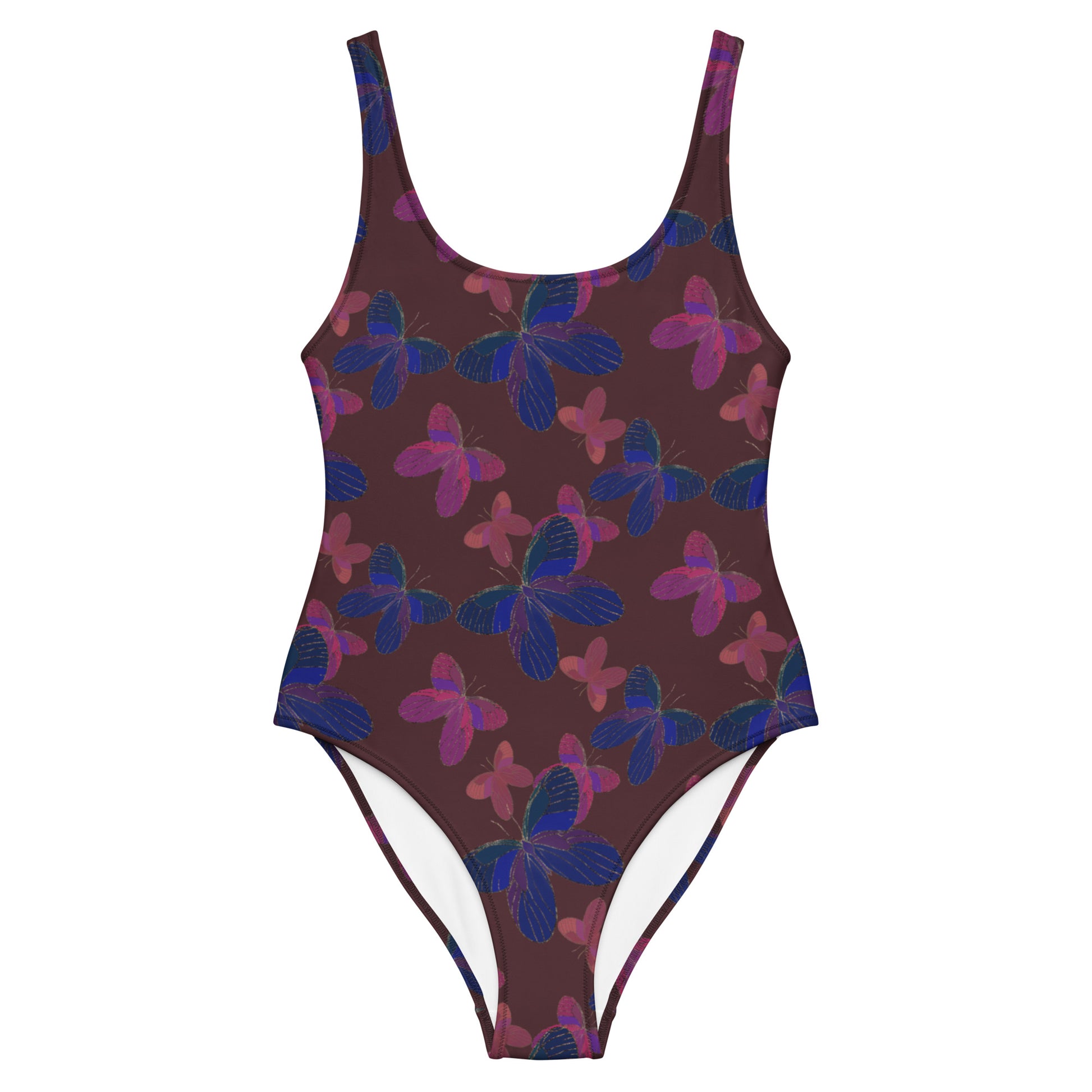 one piece swimsuit with butterflies on burgundy