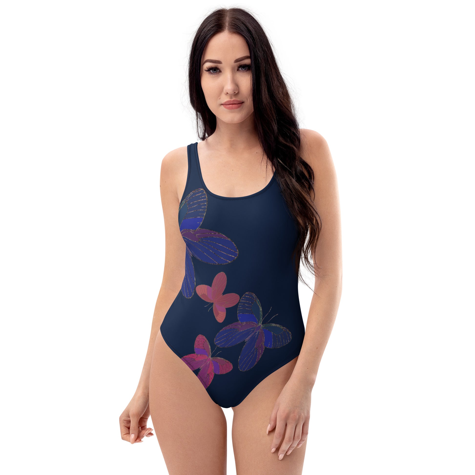 front view of model wearing butterfly swimsuit in navy