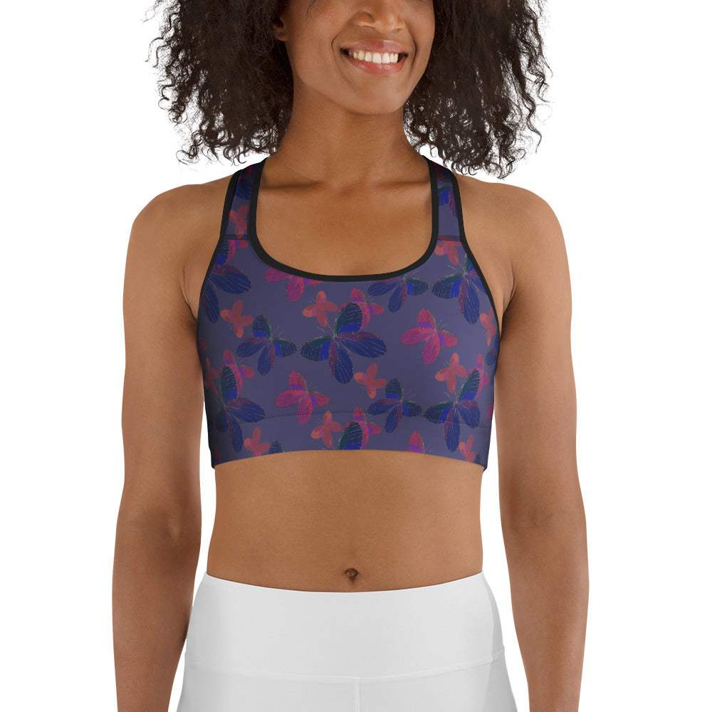 front view of model wearing butterfly sports bra blue
