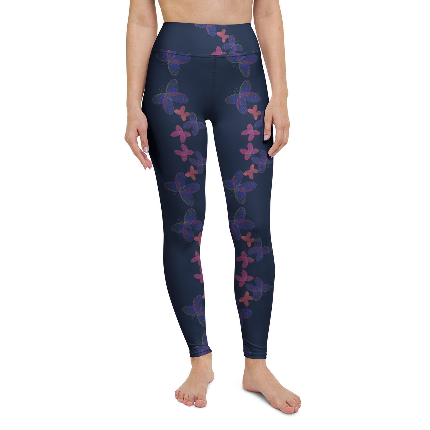 front view of model wearing butterfly yoga leggings in navy