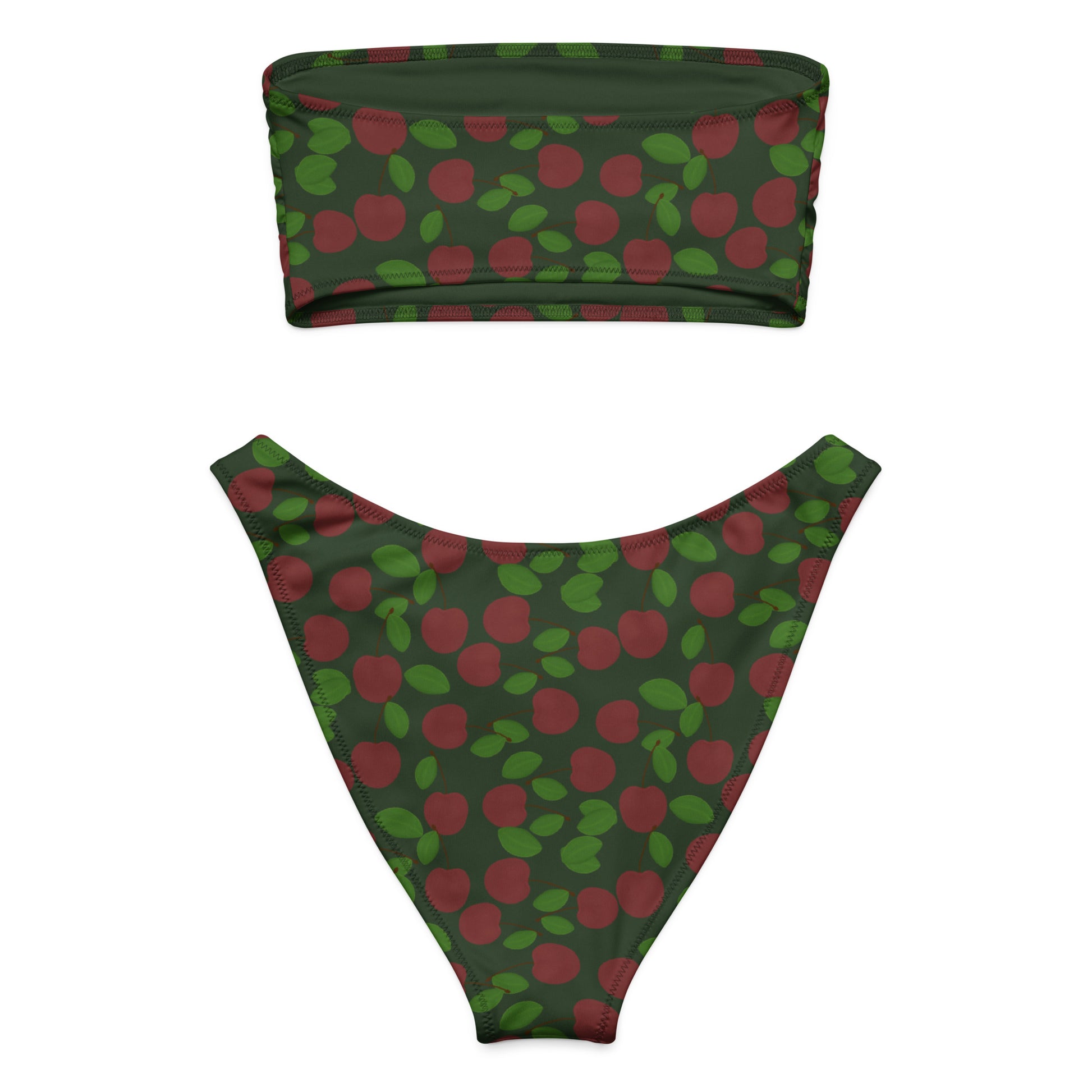bandeau bikini with cherries on forest green