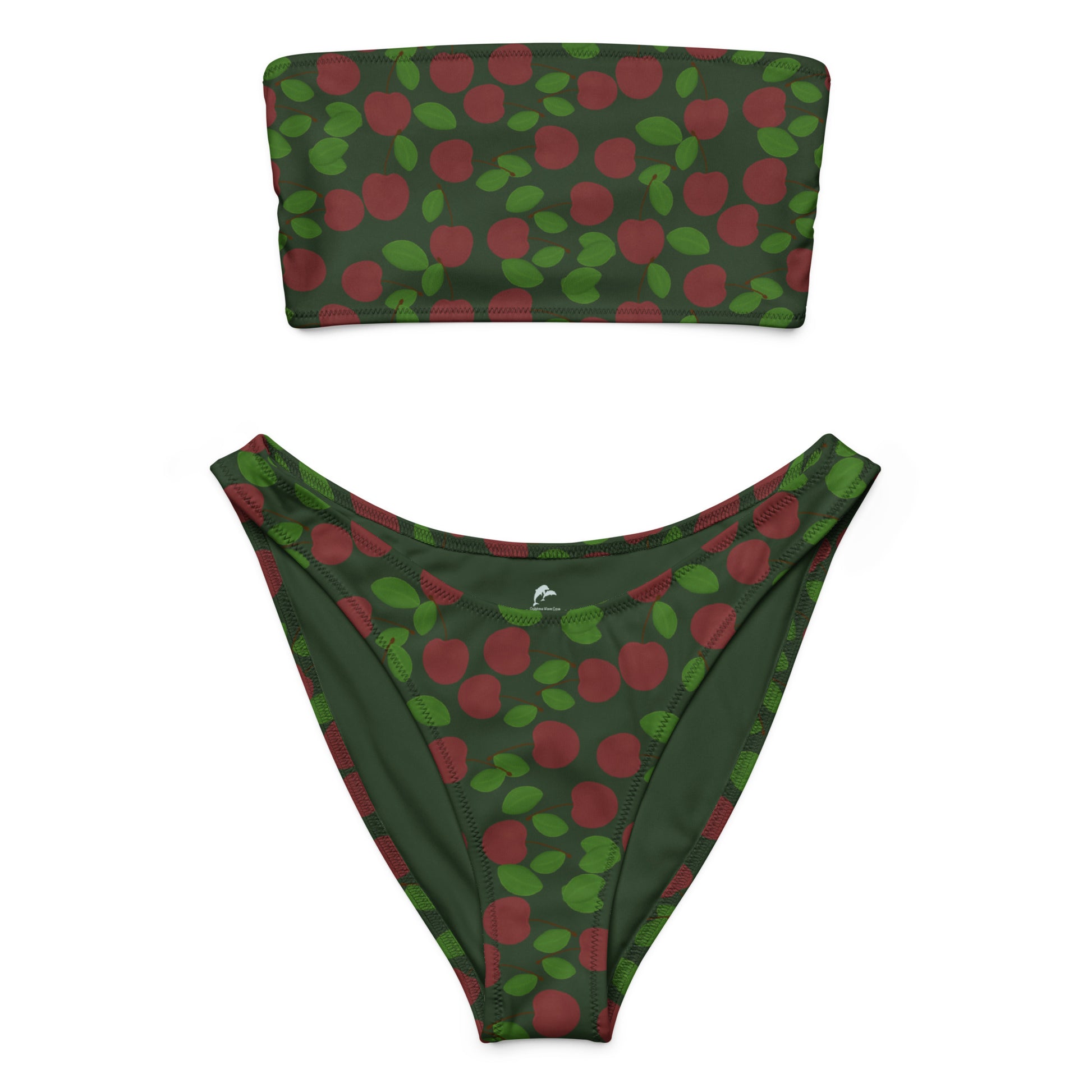 bandeau bikini with cherries on forest green