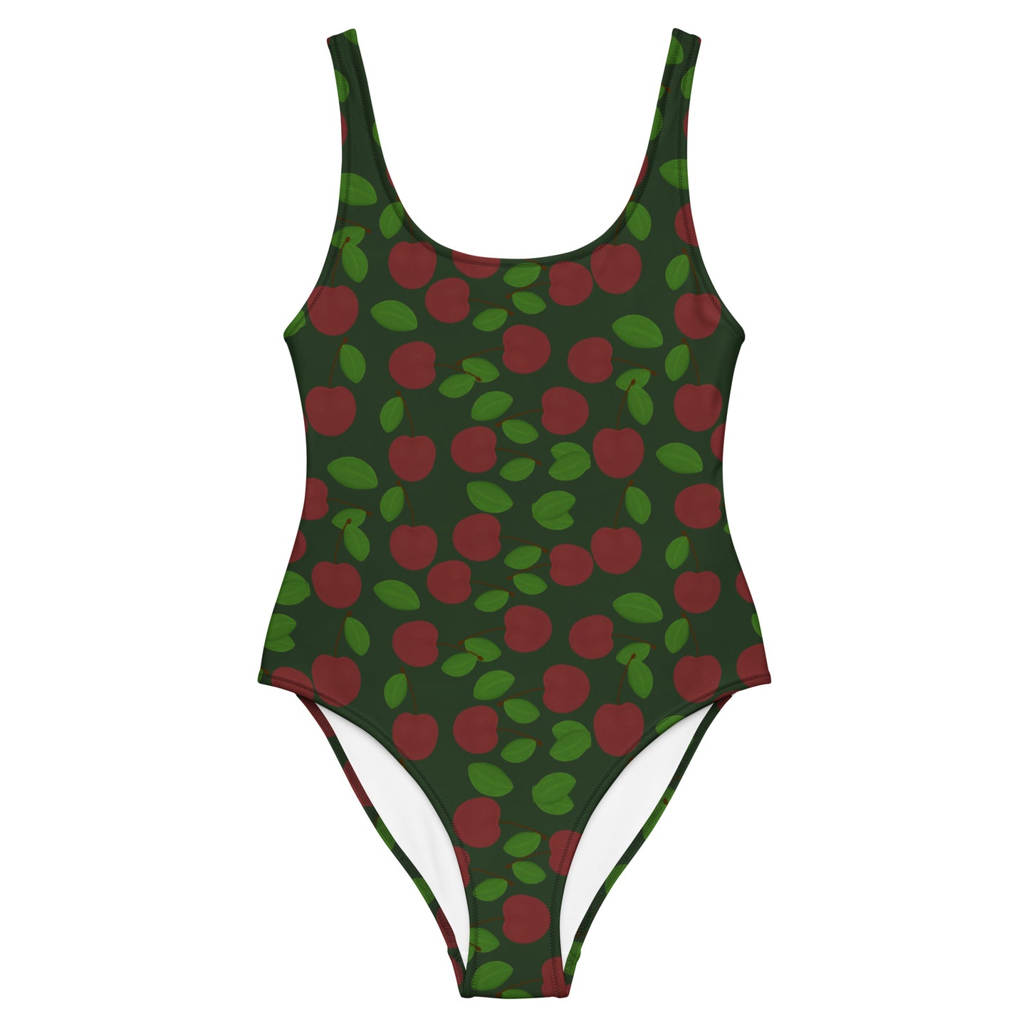 one piece swimsuit cherries on forest green