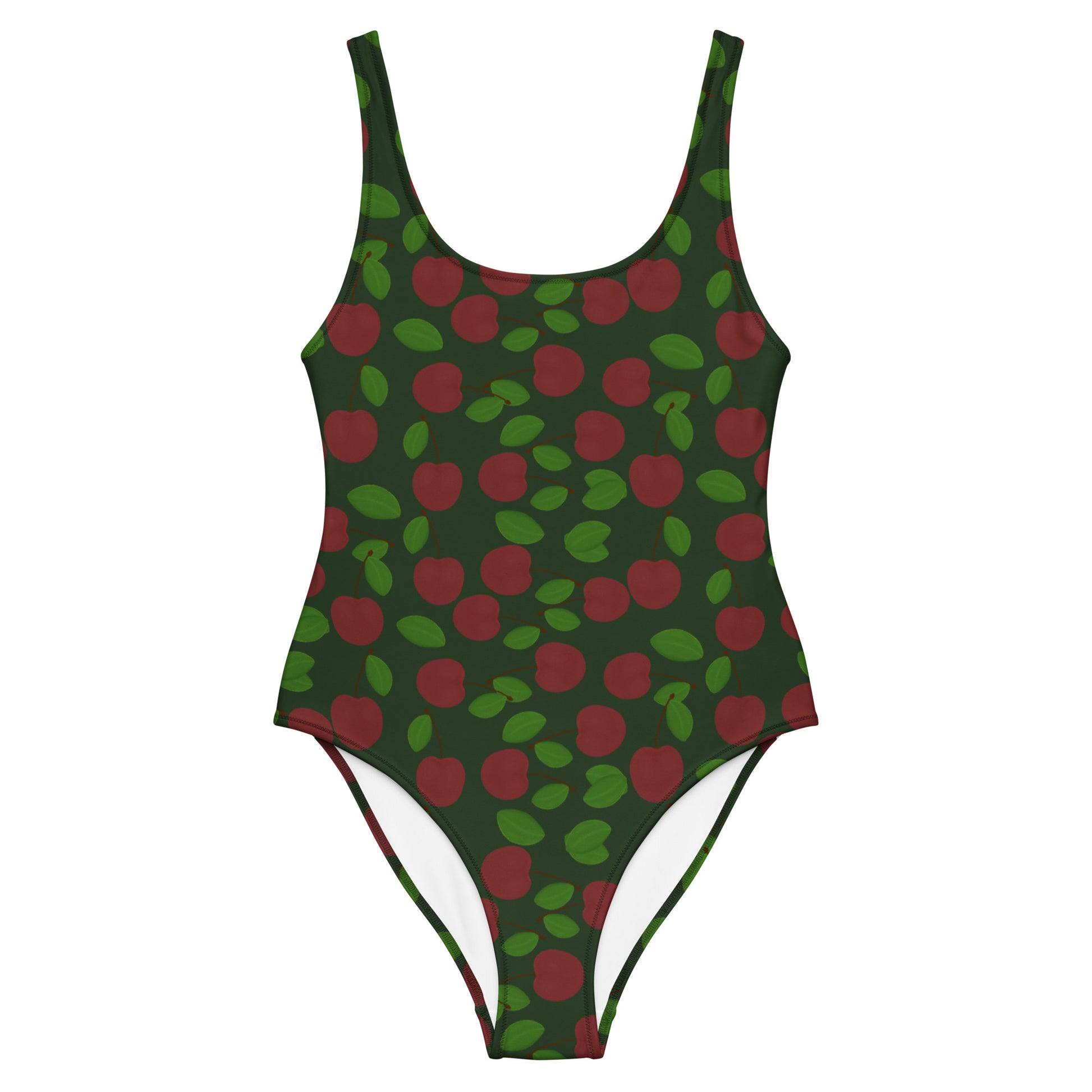 one piece swimsuit cherries on forest green