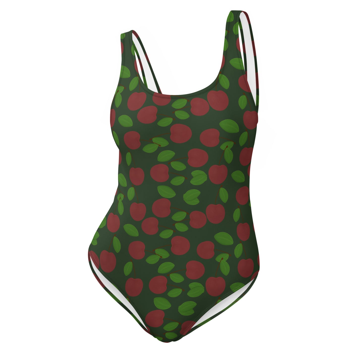 one piece swimsuit cherries on forest green