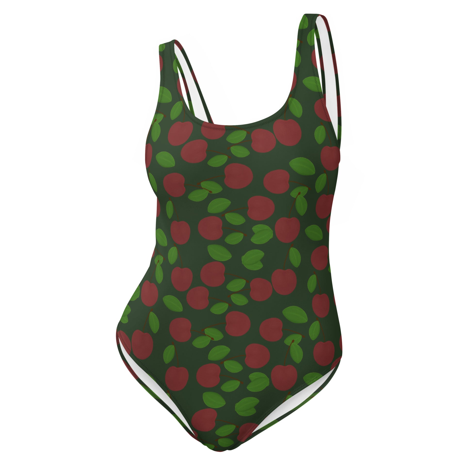 one piece swimsuit cherries on forest green