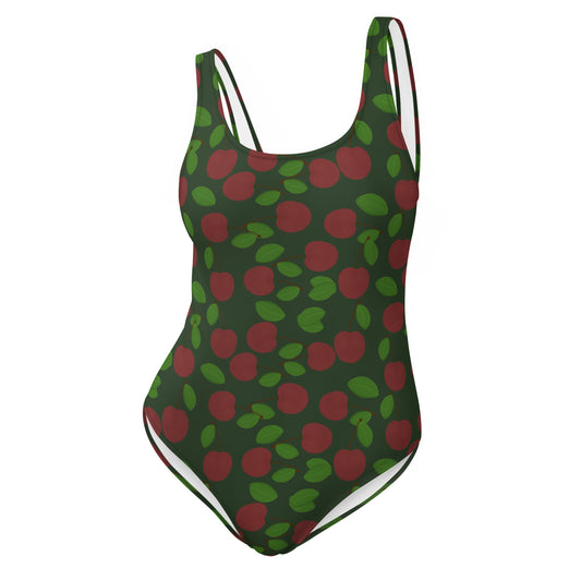one piece swimsuit cherries on forest green