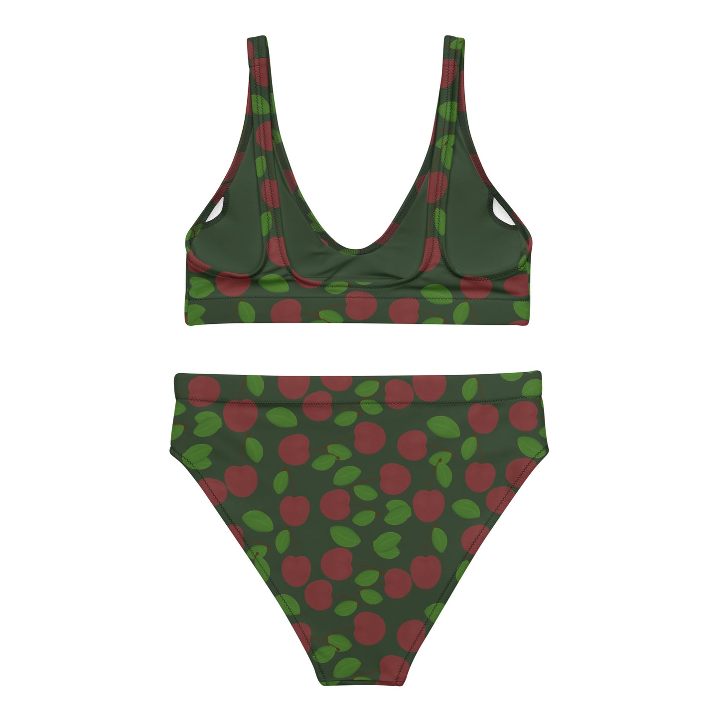 high waisted bikini with cherry on forest green