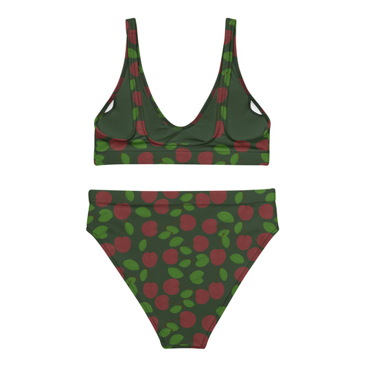 high waisted bikini with cherry on forest green