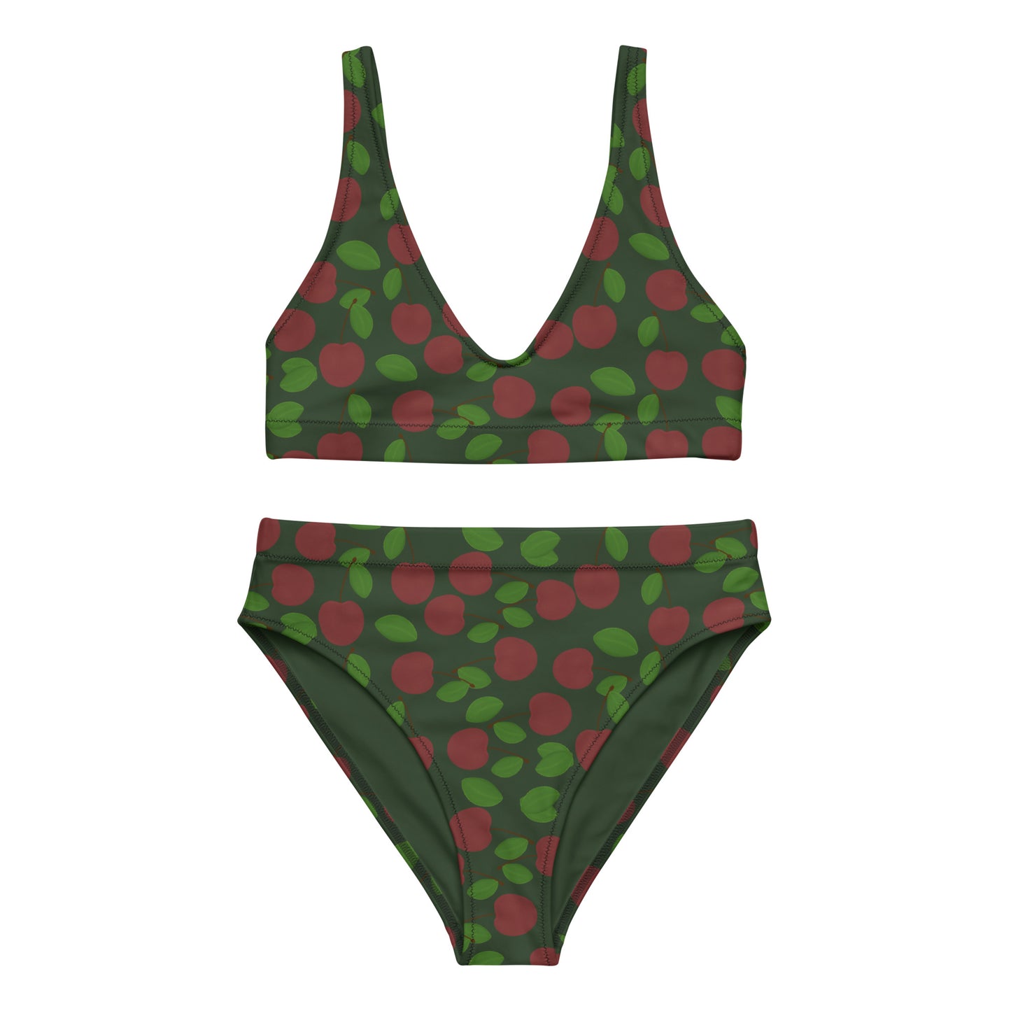 high waisted bikini with cherry on forest green
