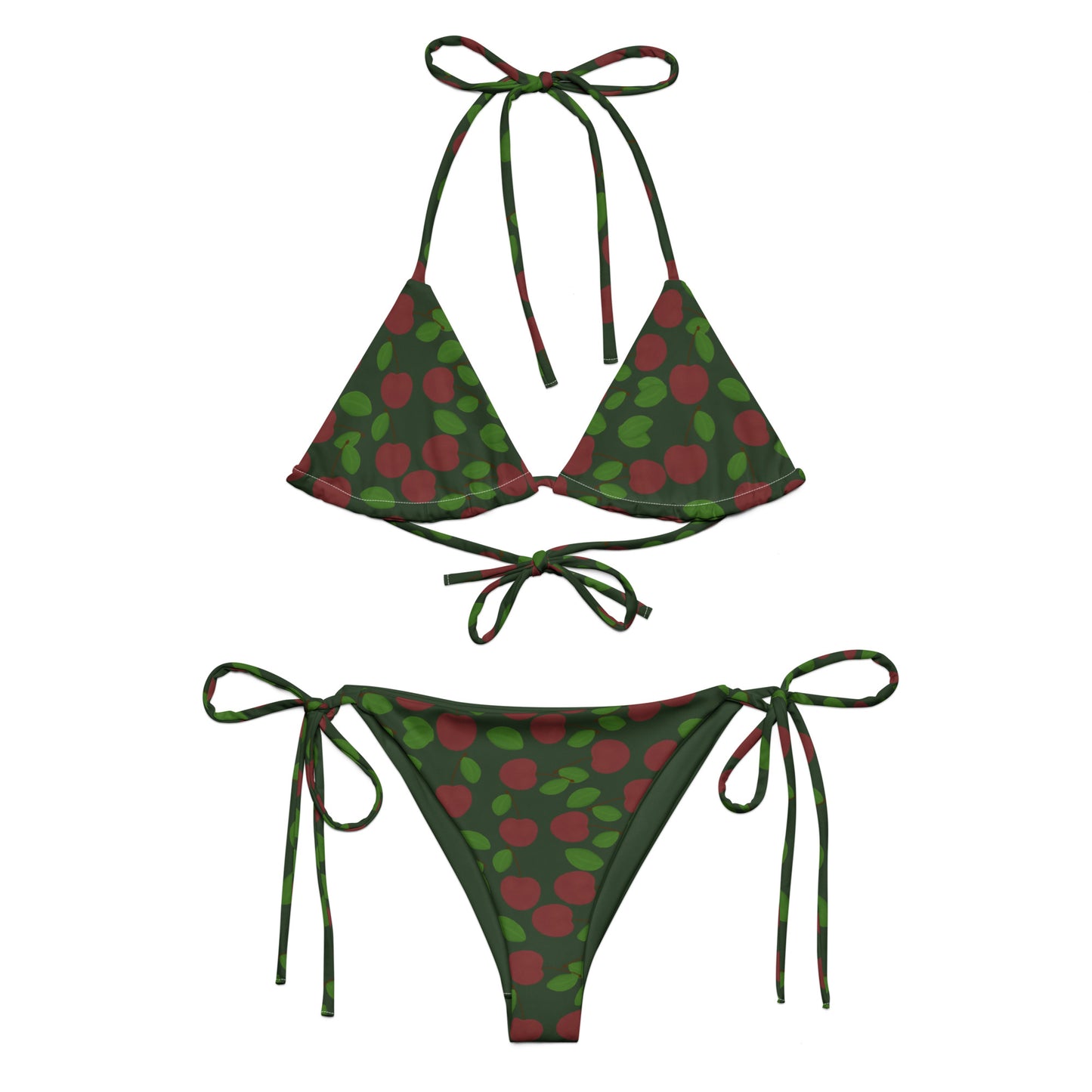 front view of model wearing cherry string triangle bikini in green