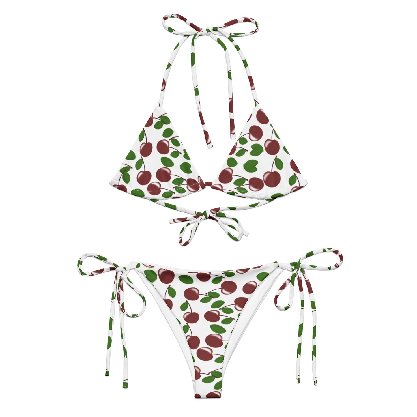 front view of cherry string bikini in white