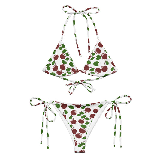 front view of cherry string bikini in white