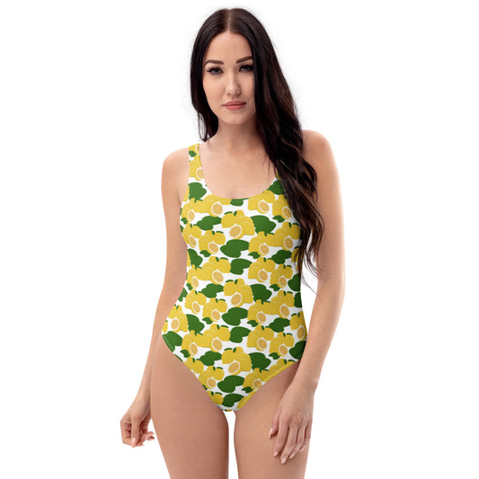 front view of model wearing citrus lemon one piece swimsuit