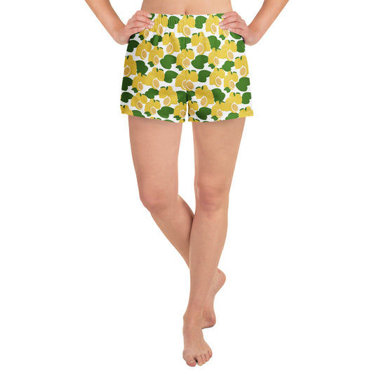front view of model wearing citrus lemon swim shorts