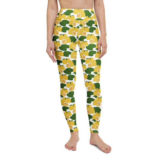 front view of model wearing citrus lemon yoga leggings