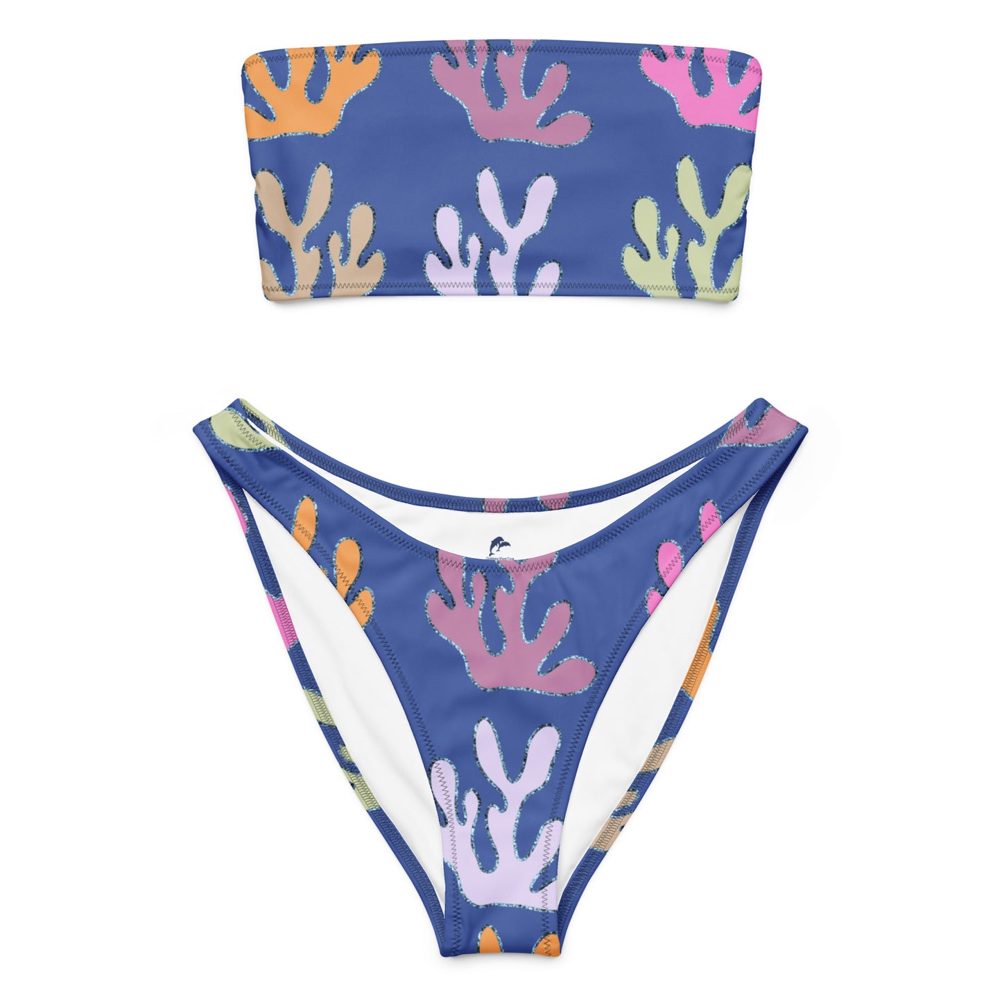 bandeau bikini with coral on blue