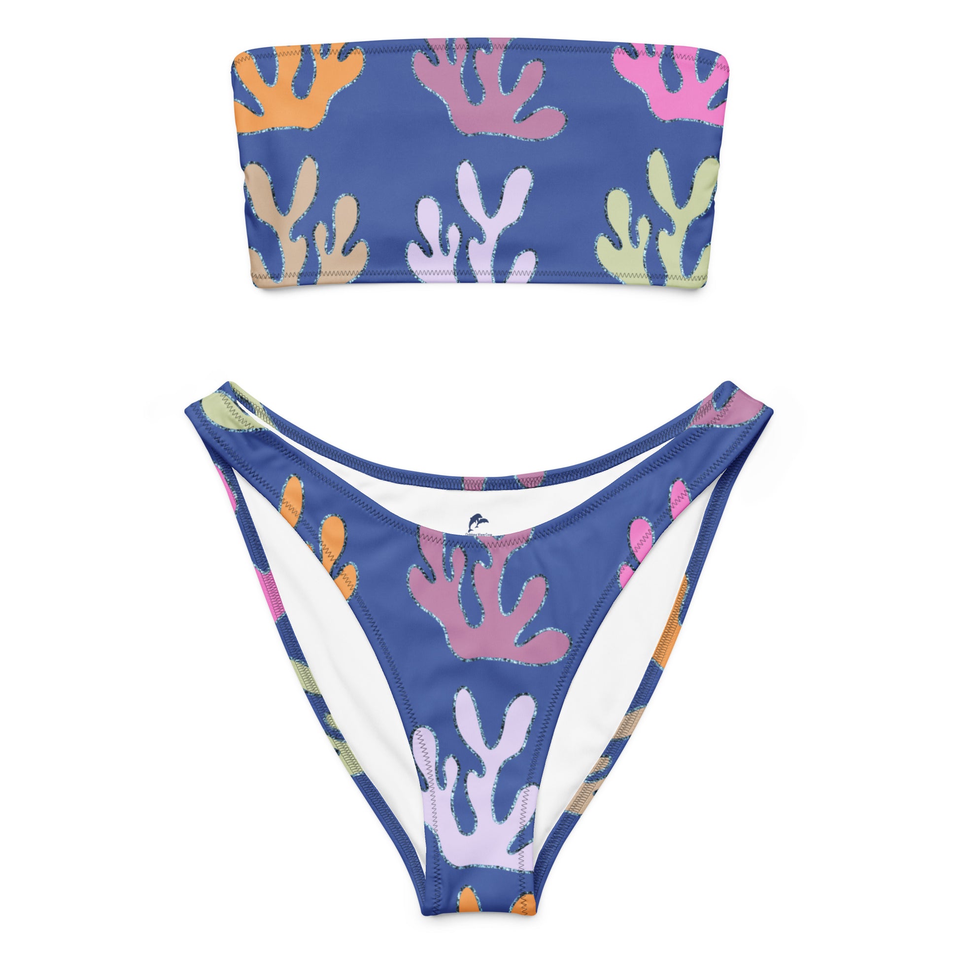 bandeau bikini with coral on blue