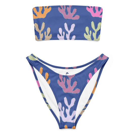 bandeau bikini with coral on blue