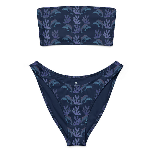 coral reef dolphins bandeau bikini on navy, front