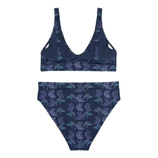 coral reef dolphins high waisted bikini in navy