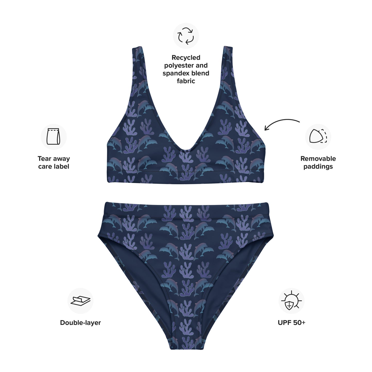 coral reef dolphins high waisted bikini in navy