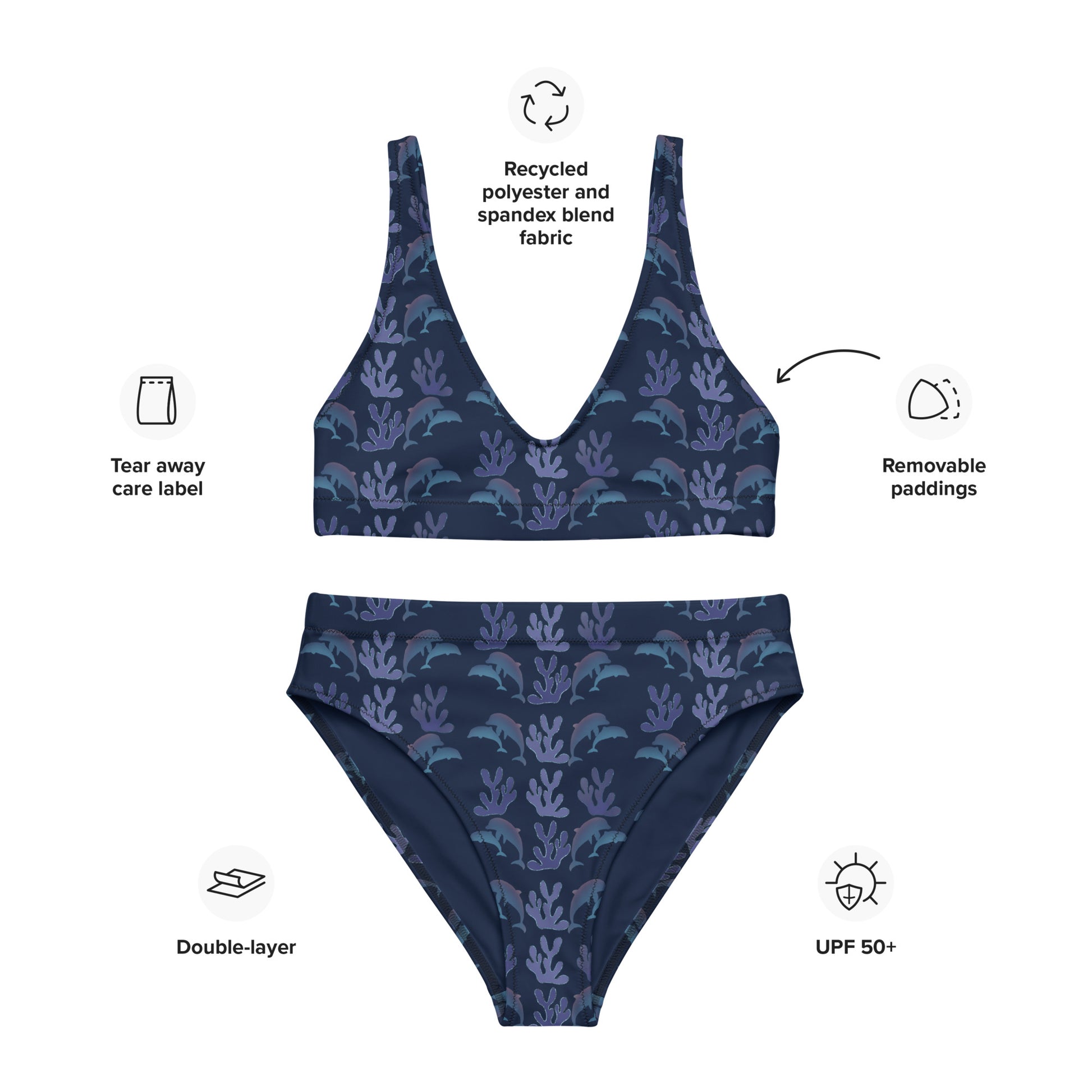 coral reef dolphins high waisted bikini in navy