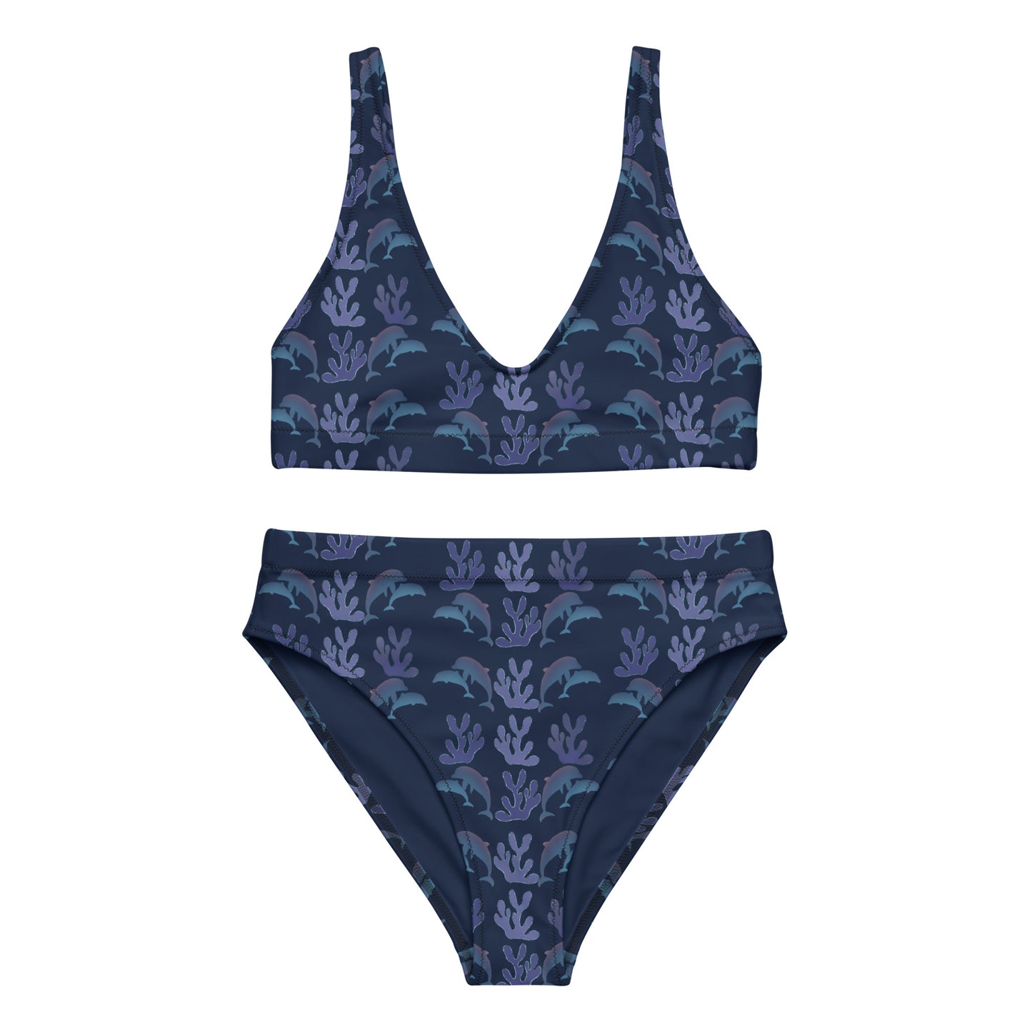 coral reef dolphins high waisted bikini in navy