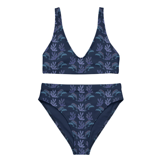 coral reef dolphins high waisted bikini in navy