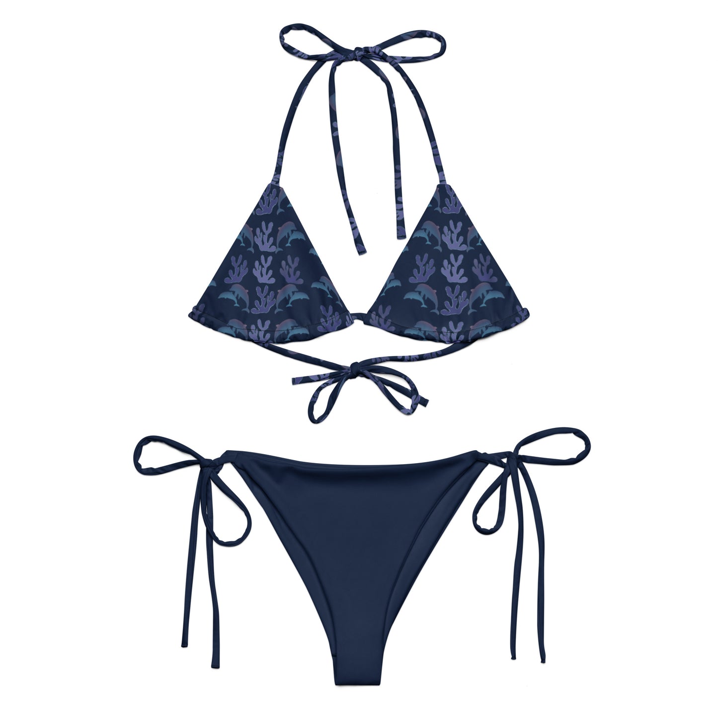 coral reef dolphins string bikini in navy